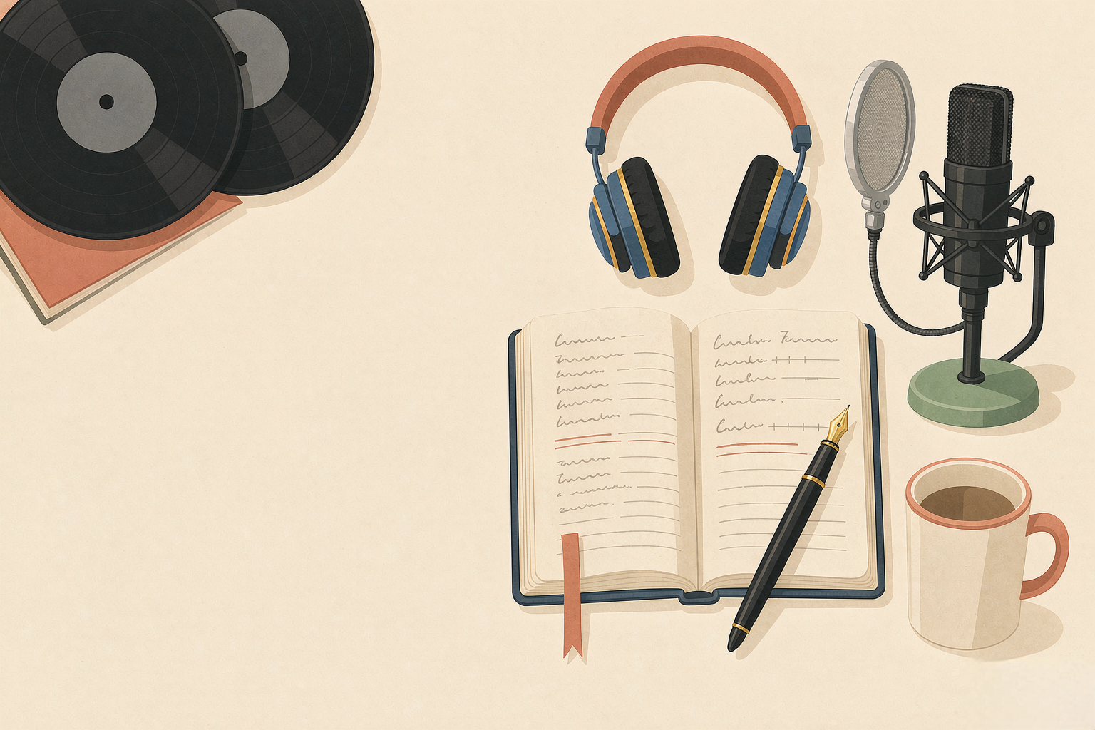A songwriter’s desk with an open lyric notebook, fountain pen, studio headphones, a condenser microphone, a coffee mug and vinyl records