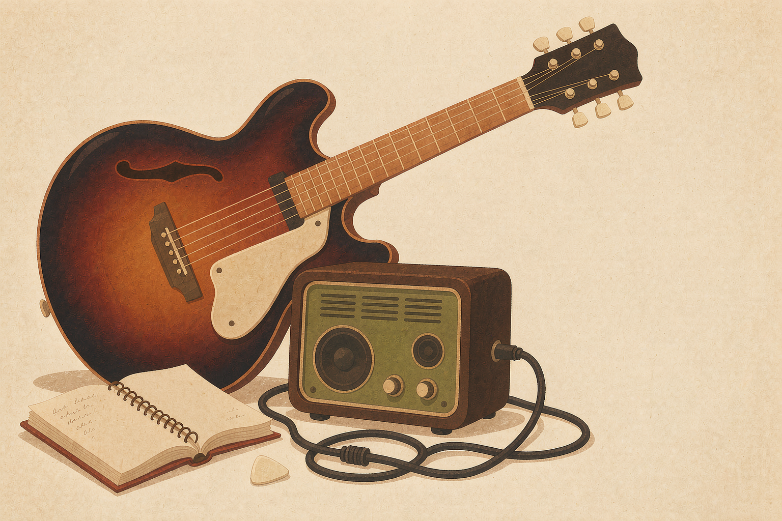 A sunburst electric guitar leaning against a vintage tube amp, with an open notebook of handwritten lyrics, a coiled cable and a pick
