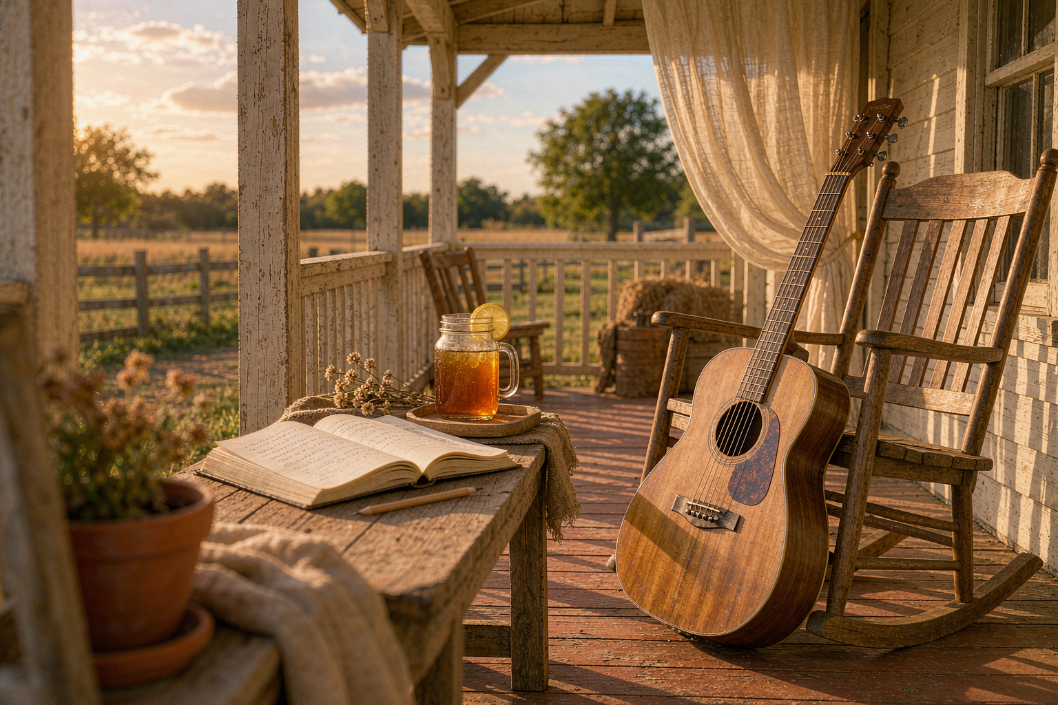 A steel-string acoustic guitar on a farmhouse porch with an open notebook, a pencil and a mason jar in golden light