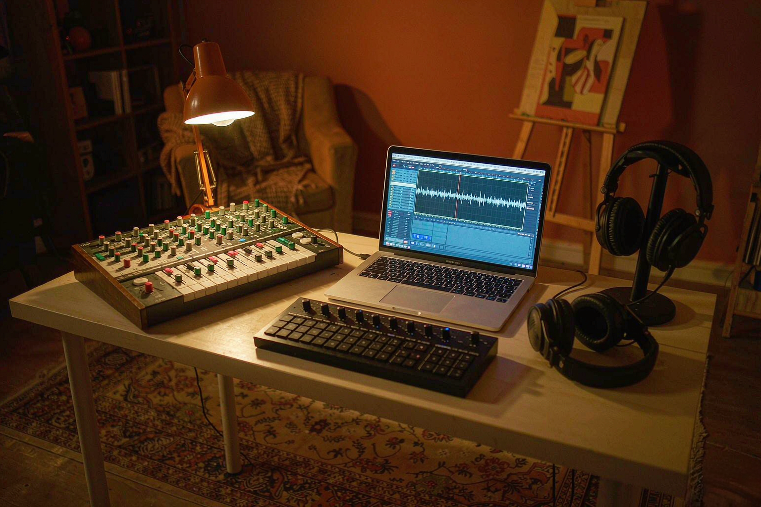 A home studio desk with an analog synthesizer, MIDI controller, headphones and a glowing laptop at night