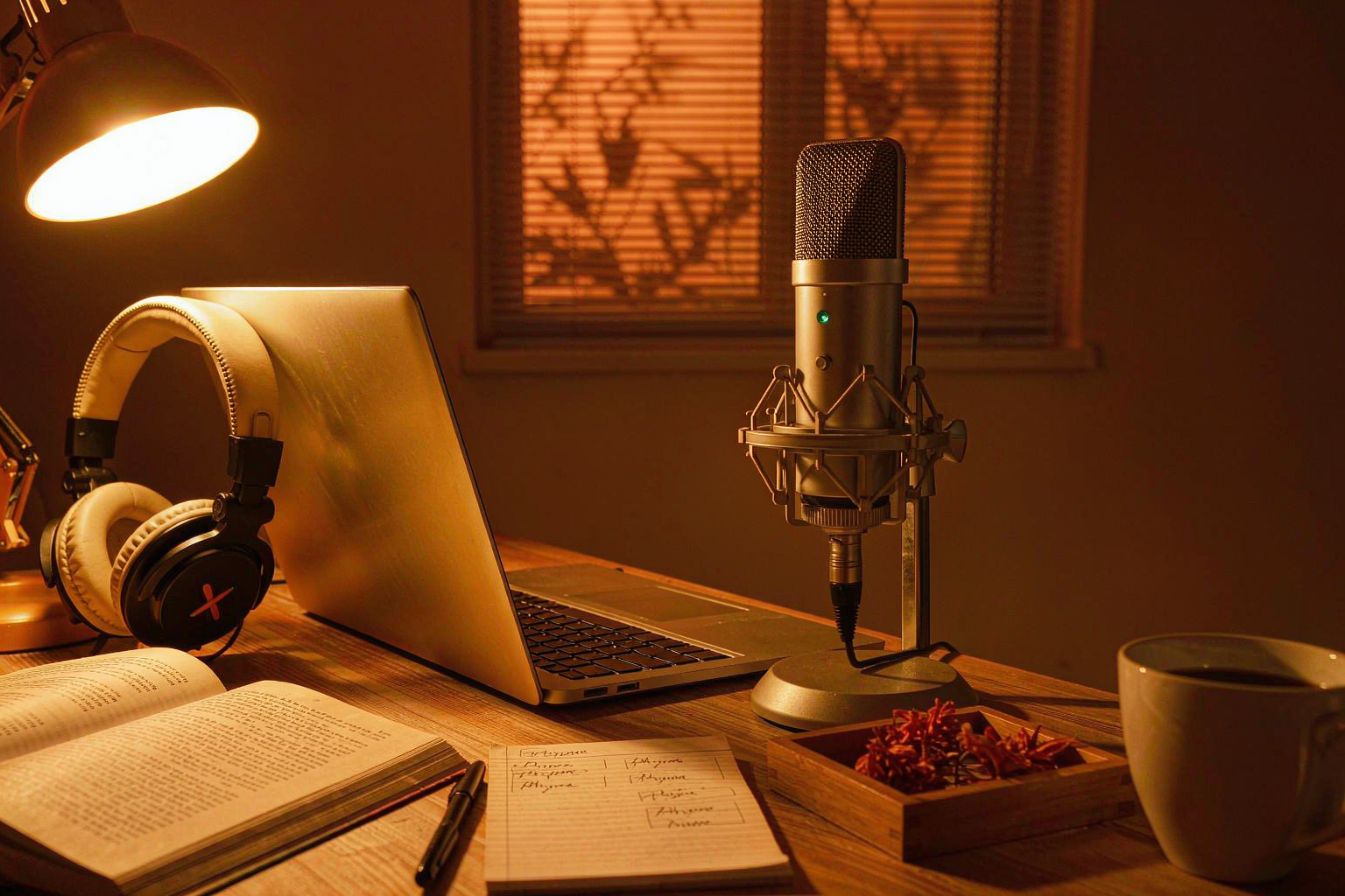 A home studio corner with a large-diaphragm microphone, laptop, headphones and a legal pad of handwritten rhymes