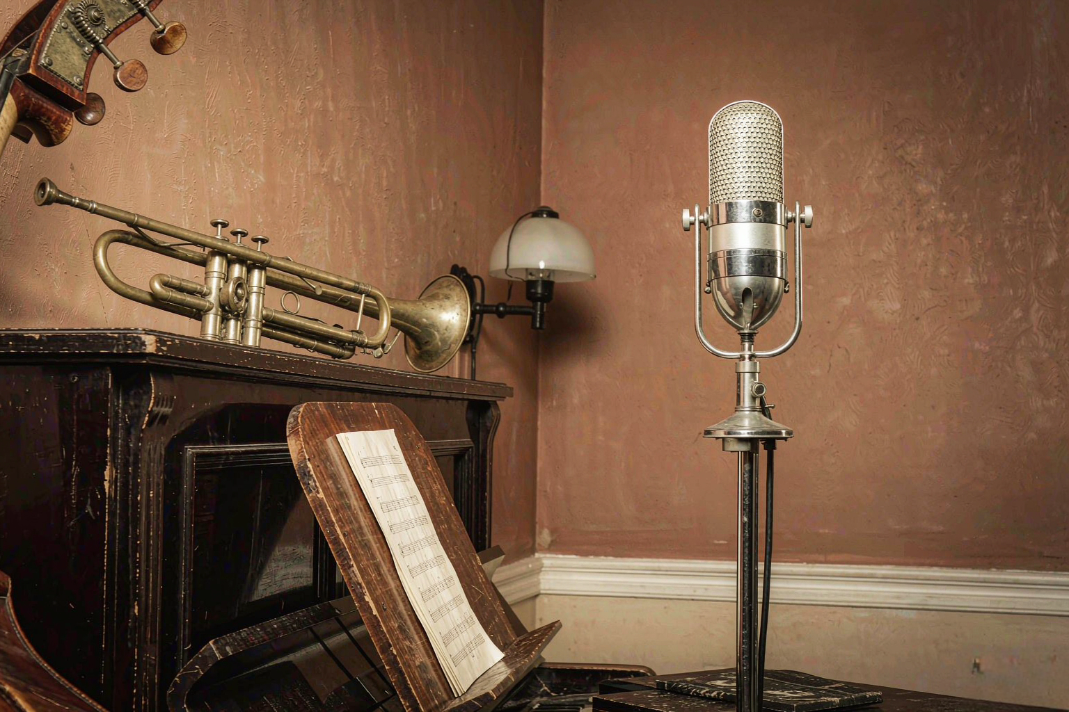 A vintage ribbon microphone, an upright bass neck and a battered trumpet under warm club lighting