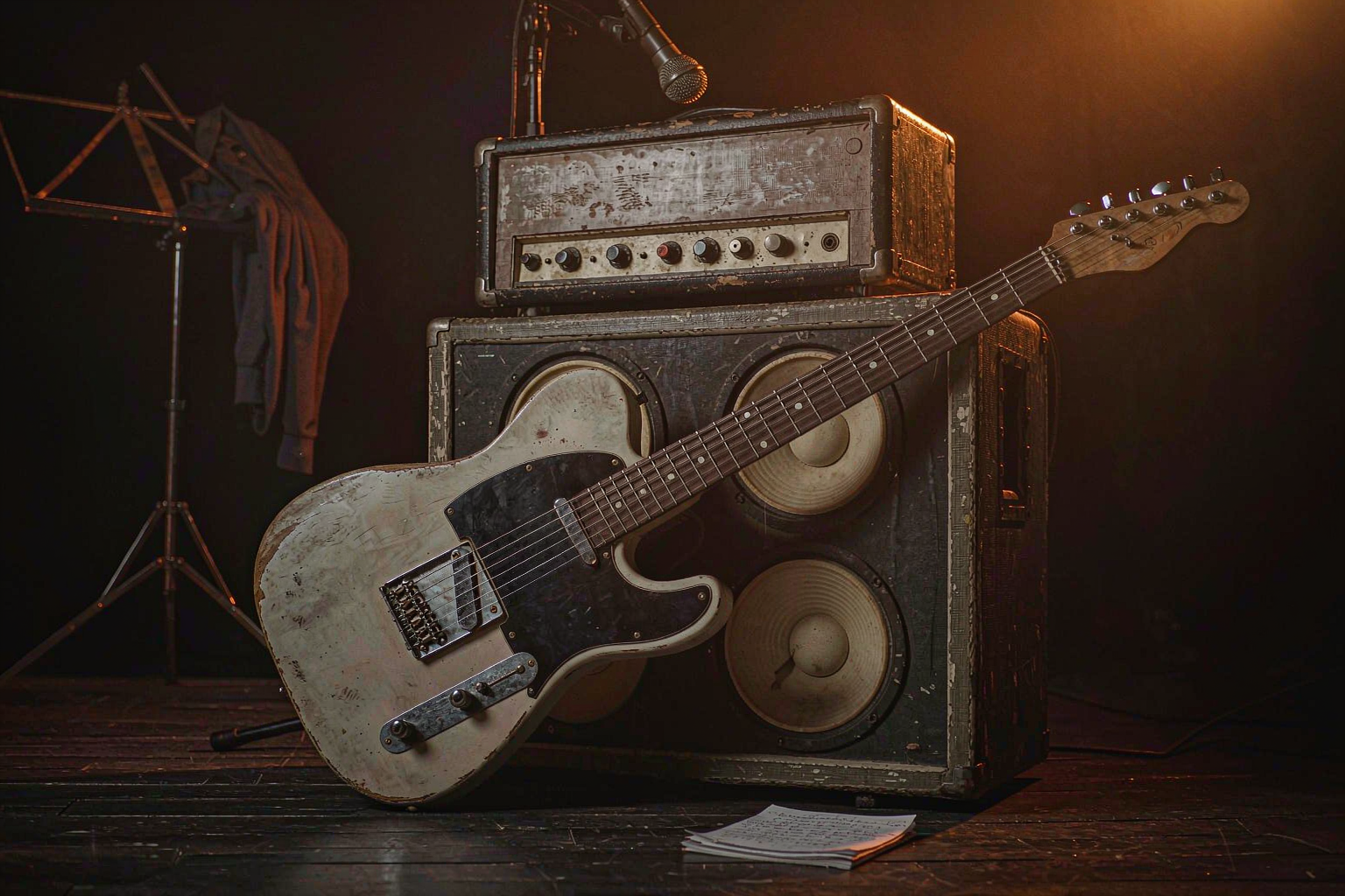 A heavily worn electric guitar and amplifier stack in a dark rehearsal room with a notebook of lyrics