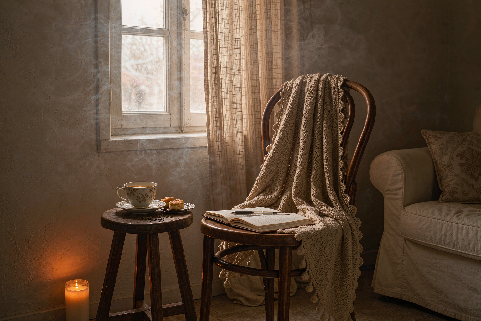 A lit candle, an open journal and a cup of herbal tea in a calm reading corner with morning light