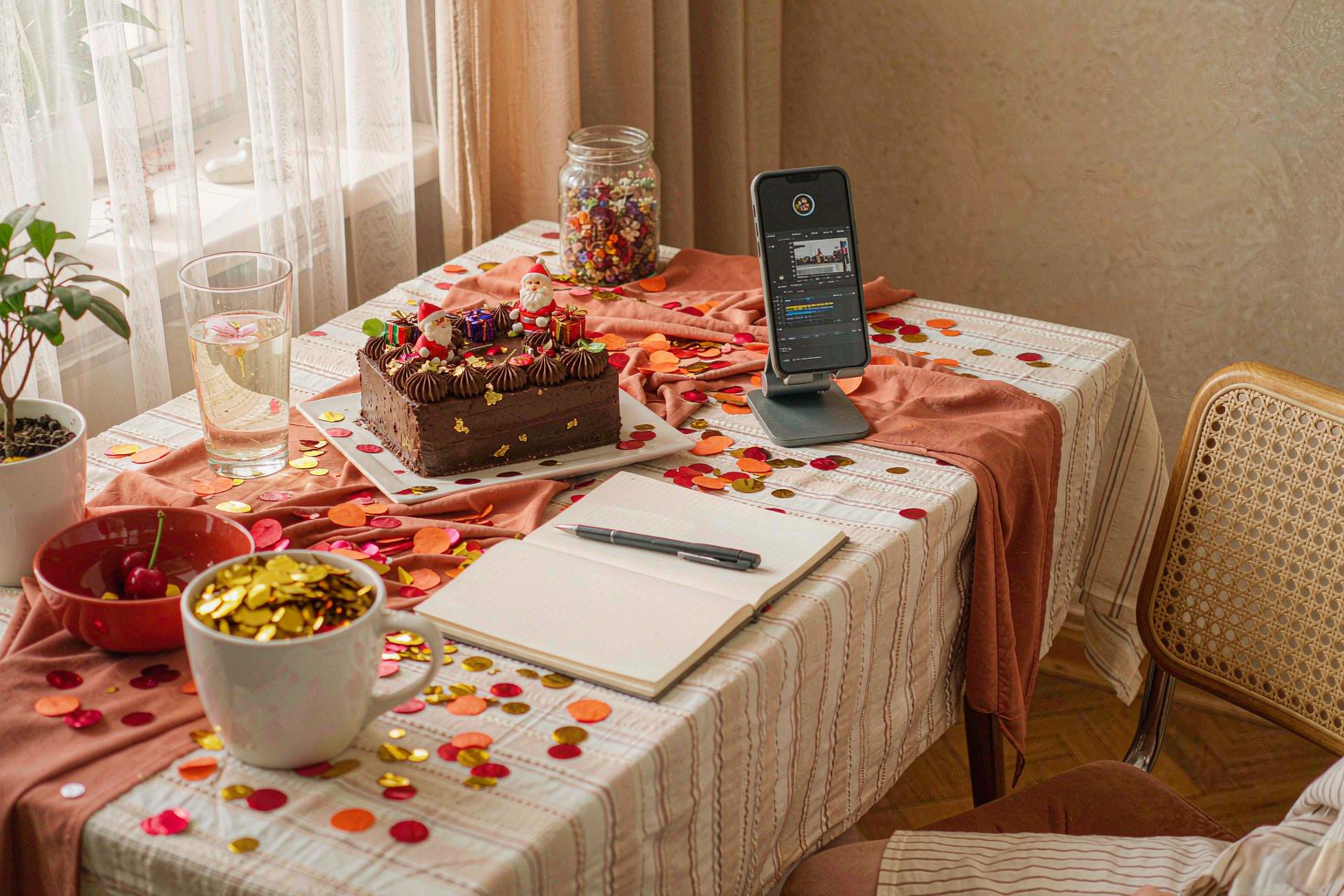 A festive table with a small cake, confetti, an open notebook and a phone showing a video timeline