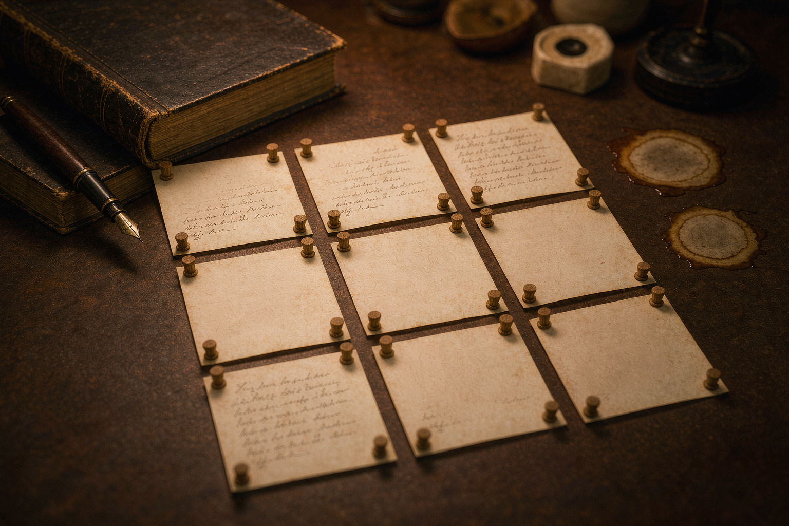 Index cards pinned in verse-chorus-bridge order above a songwriter’s desk with a rhyming dictionary